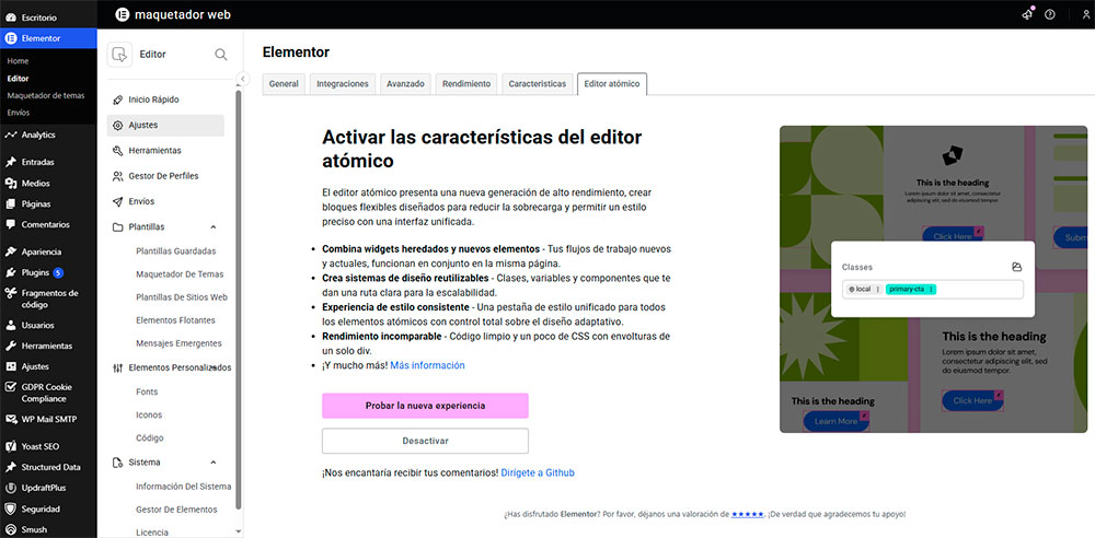 Activar Elementos Atómicos de Elementor Pro