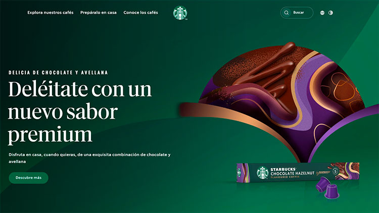 Ejemplo de uso del color verde en el diseño web de Starbucks