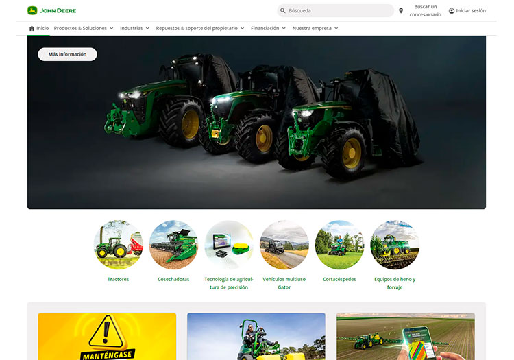 Ejemplo de uso de la psicología del color verde en la web de la marca John Deere