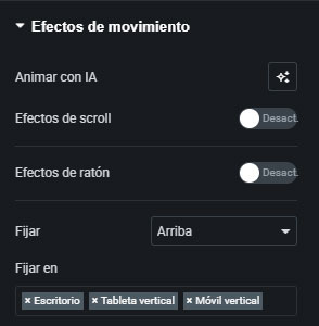 Opción para fijar la cabecera de una web en Elementor