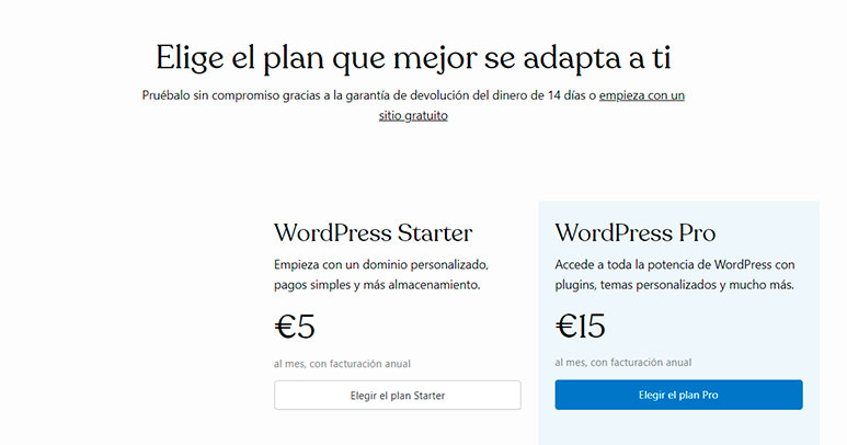 Precios de WordPress.com.
