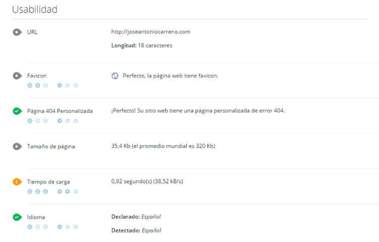 Apartado Usabilidad de la herramienta Woorank